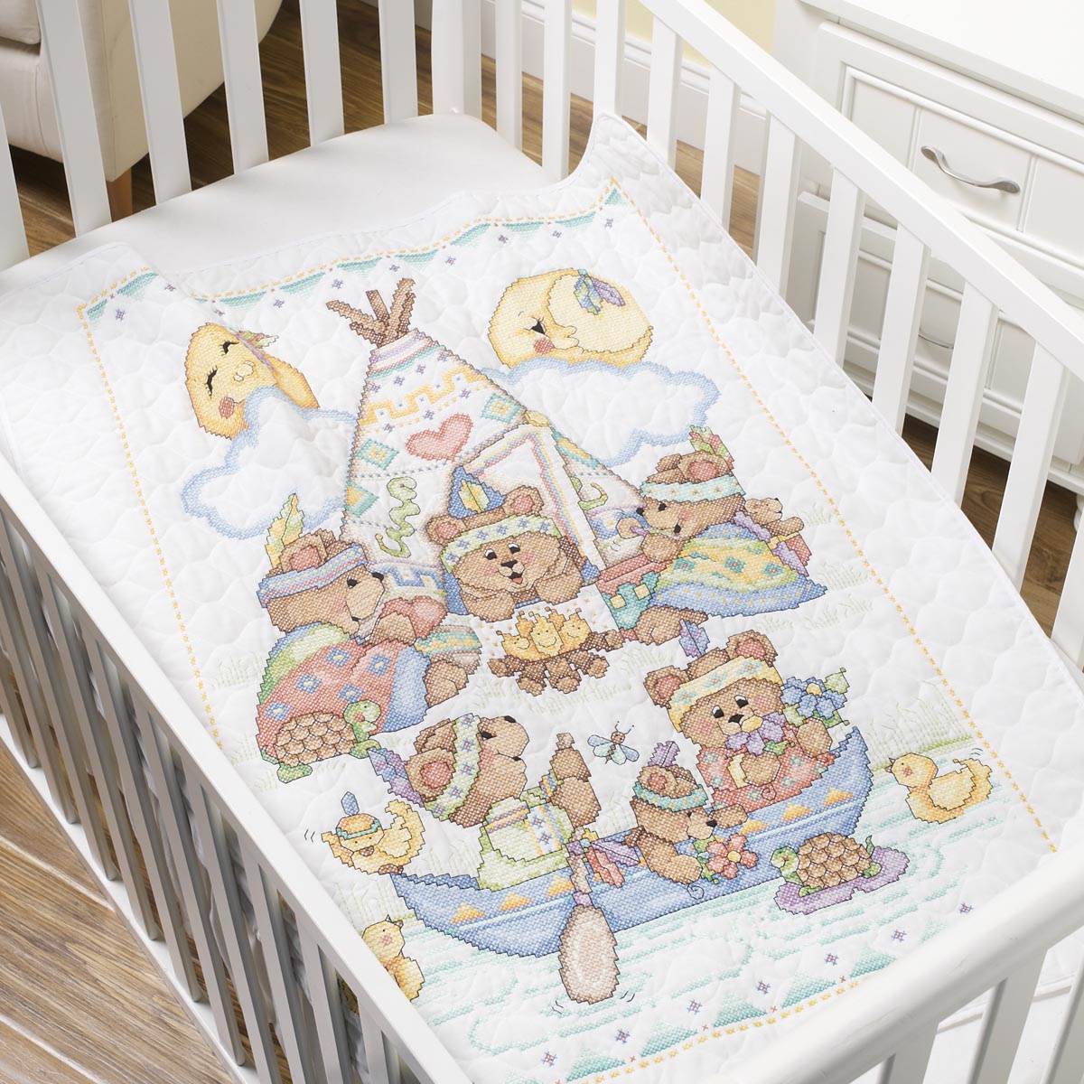 STAMPED X-STITCH - TEEPEE BEARS, CRIB COVER
