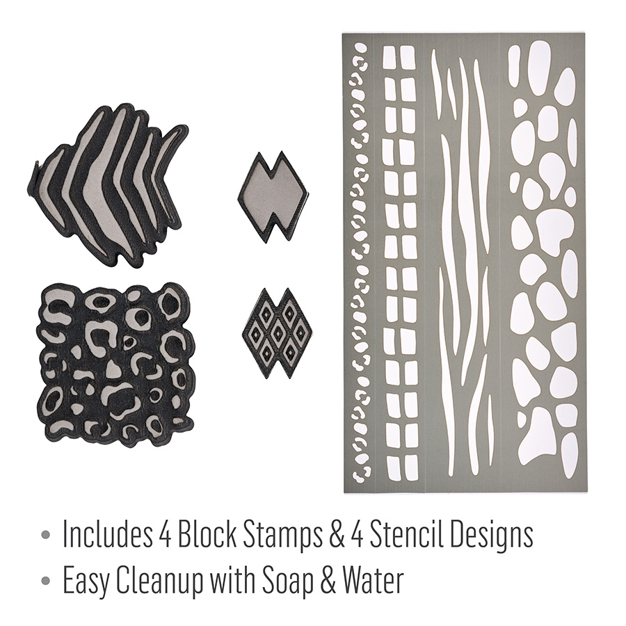Folkart ® Animal Print - Block Stamp & Adhesive Stencil 5pc Set - 36570