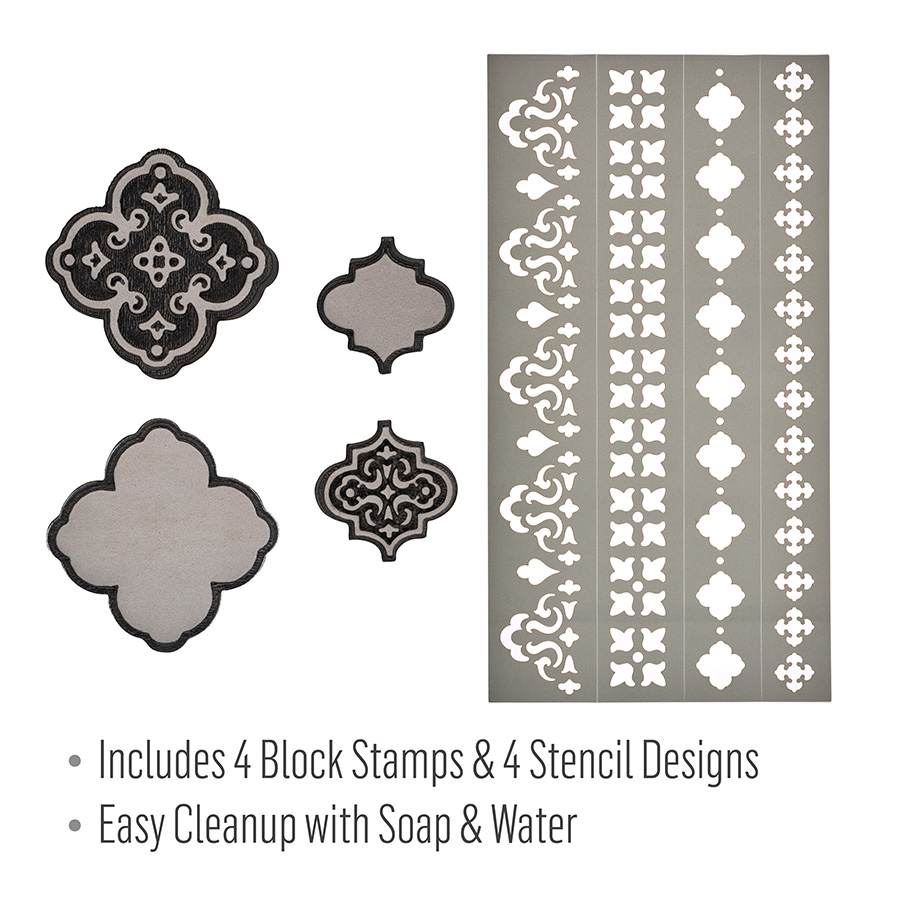 Folkart ® Ornate Damask - Block Stamp & Adhesive Stencil 5pc Set - 36565
