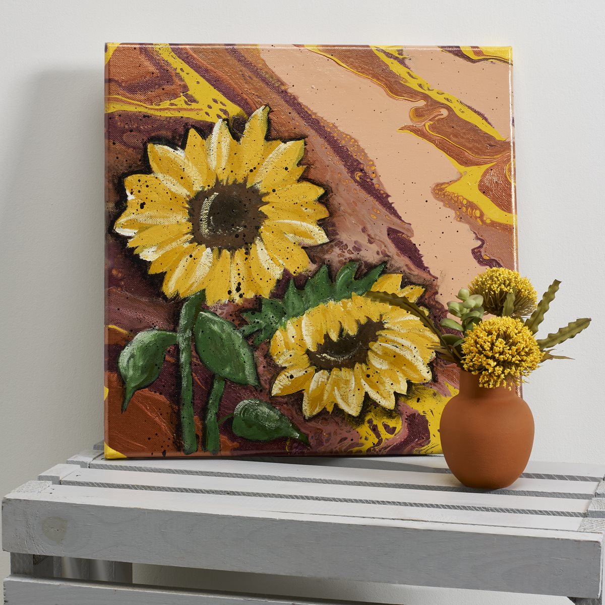 FolkArt Sunflowers on Poured Fall Colors