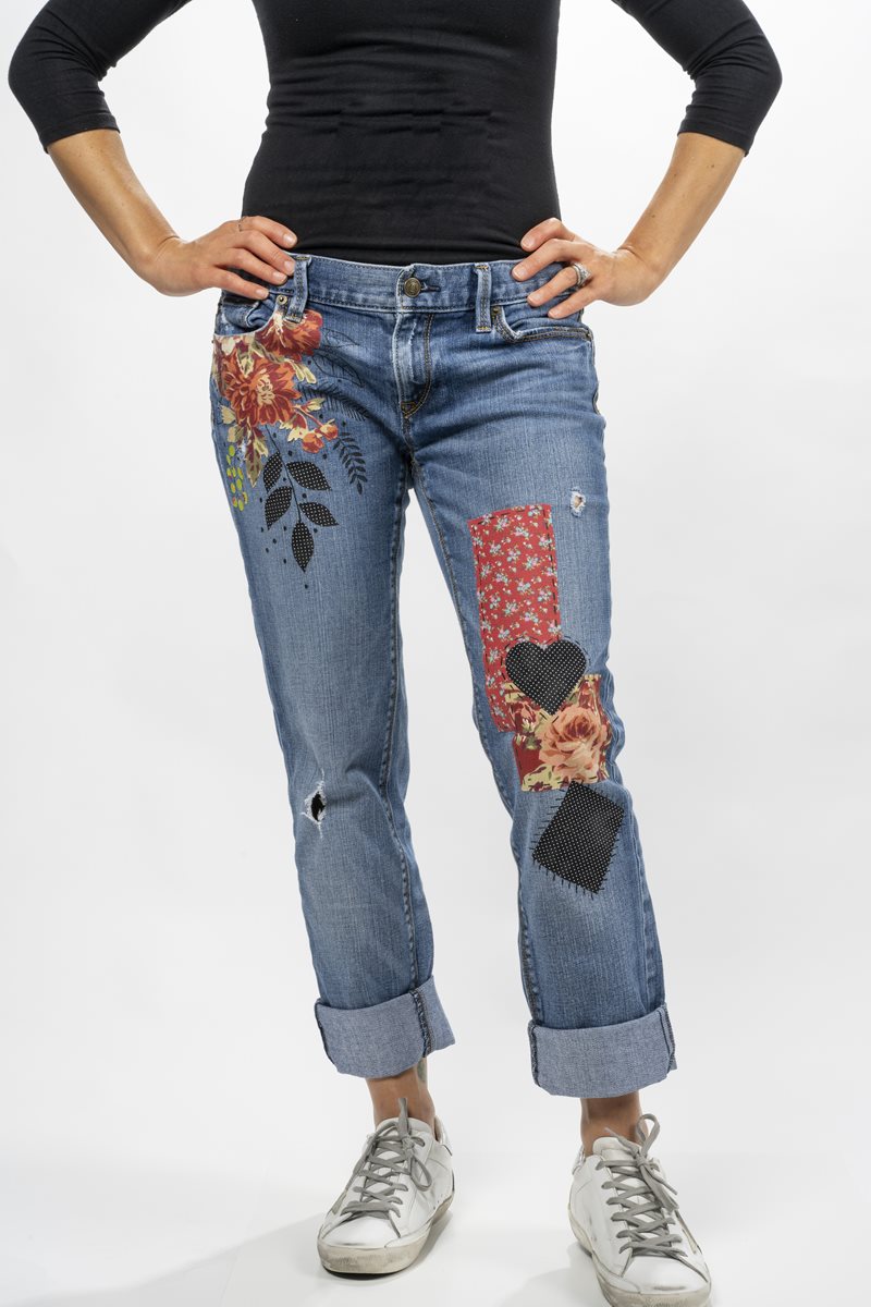 Jeans with Floral Fabric Accents