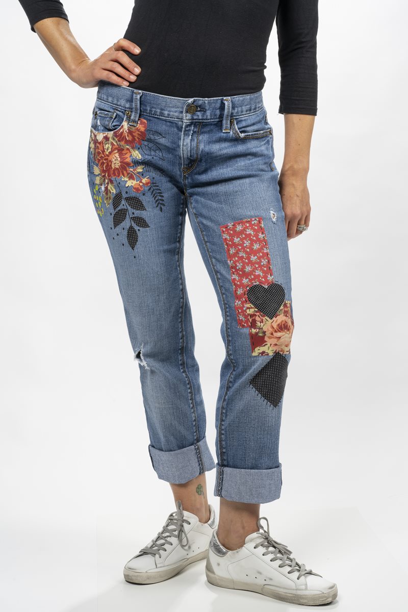 Jeans with Floral Fabric Accents