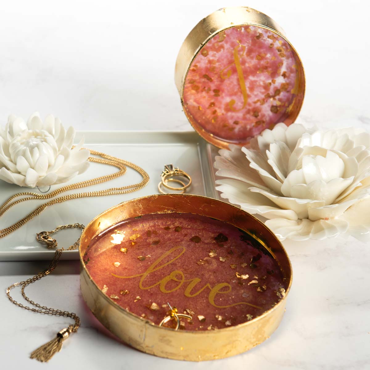 Round Pink and Gold Resin Jewelry Dish