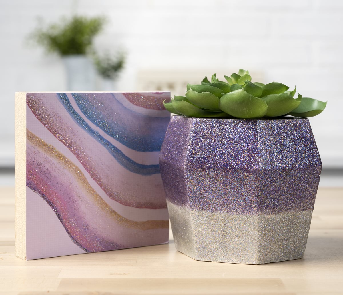 Purple and Silver Glittered Planter & Geode Canvas