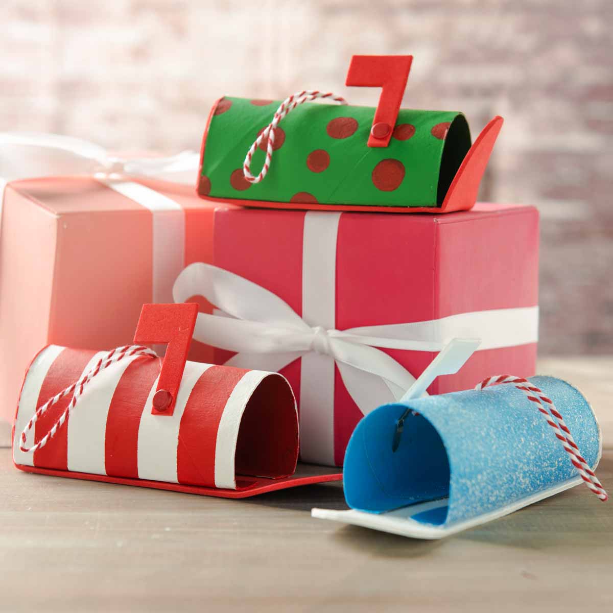 Repurposed Wrapping Paper Tube Mailbox Ornament Set