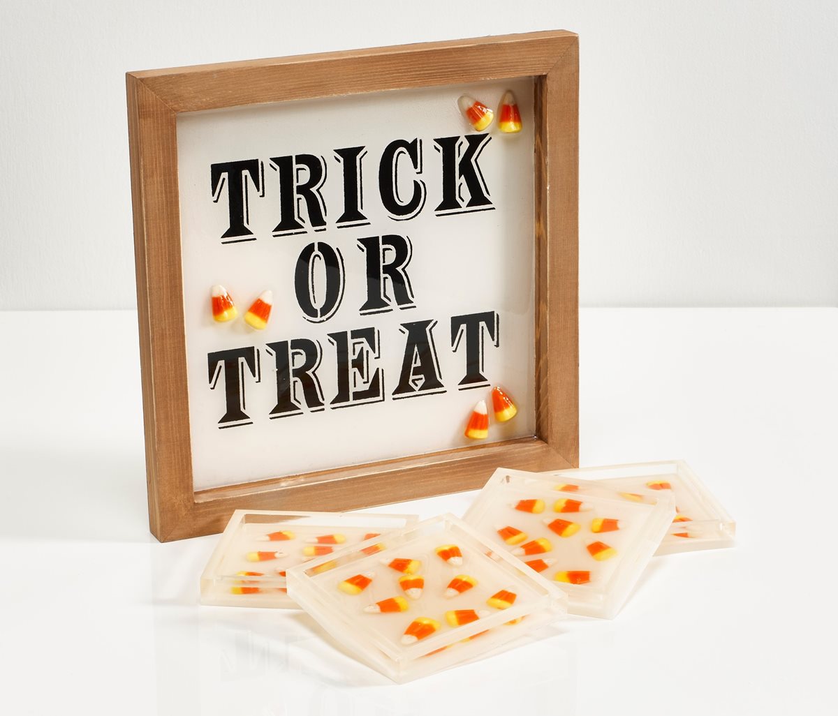 Mod Podge Resin Trick or Treat Candy Corn Sign & Coasters