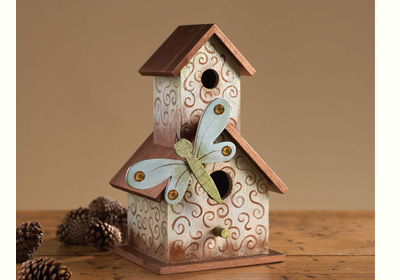 Scrolled Metallic Birdhouse with Dragonfly
